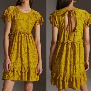 Anthropologie Dress XS Playful Ruffle Knit Burnout Floral Ruffle Tie Back Boho